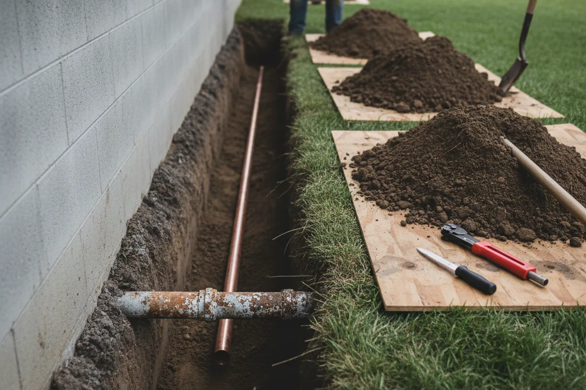 Excavated water line trench during Water Softener Installation in Chaumont